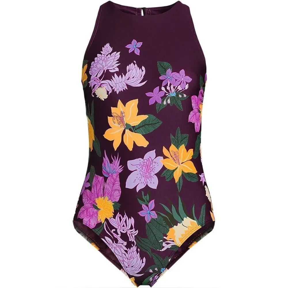 Land's End 1 piece swimsuit portrait back high neck and leg Wine Floral Blooms 6